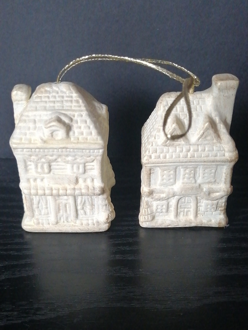 Vintage Christmas Bisque Ceramic House Ornaments in Cream